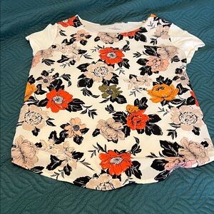 Ann Taylor Floral Print Top with Orange and Black Accents Size Medium